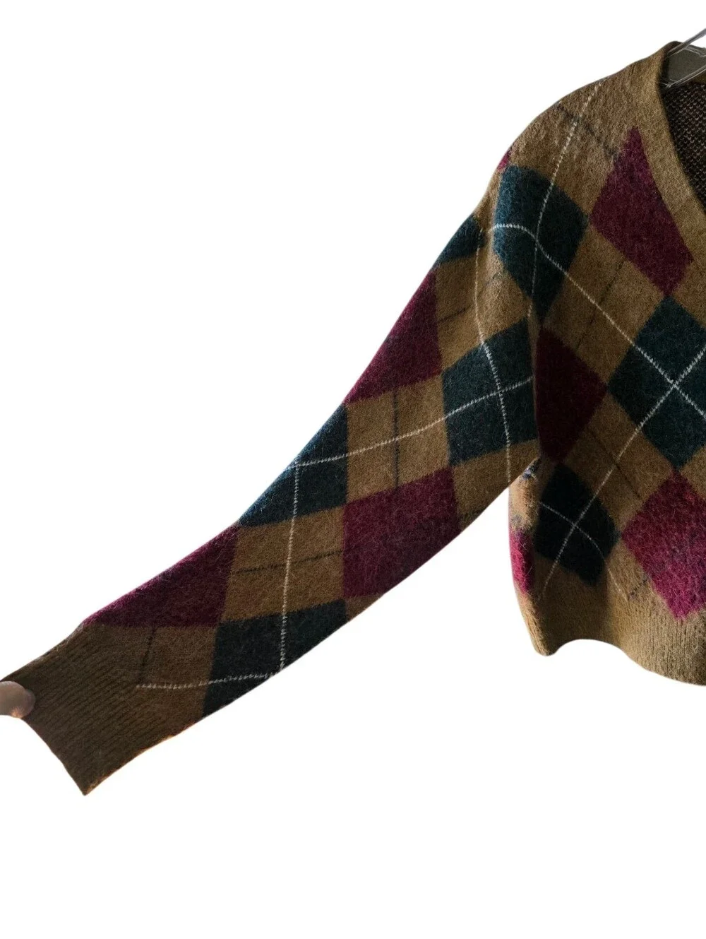 ZARA Women's Argyle V-Neck Cardigan with Green and Red Diamonds Size Medium
